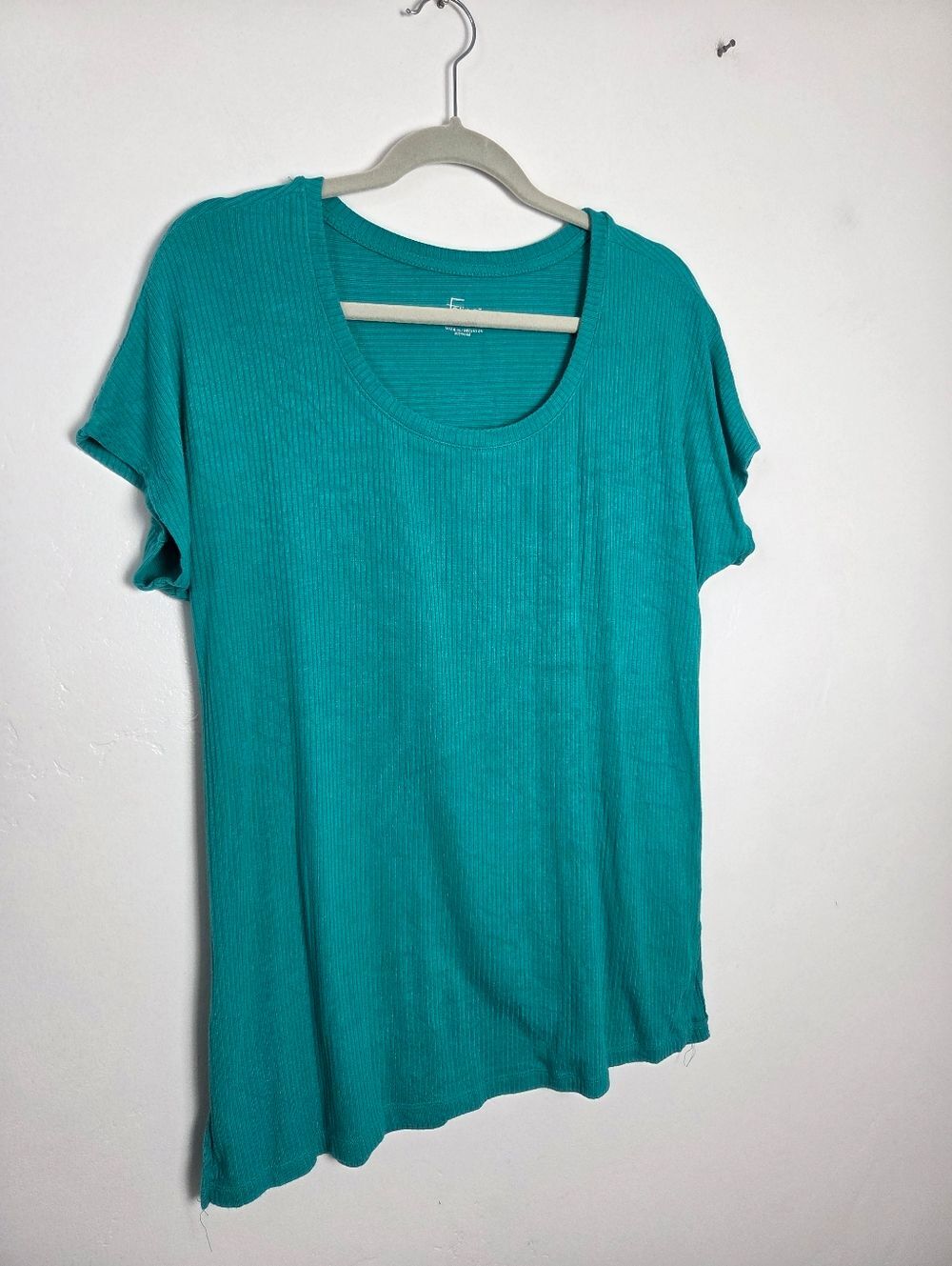 Felina Teal Ribbed Shirt Short Sleeve Turquoise Green Basic Comfy Casual Medium
